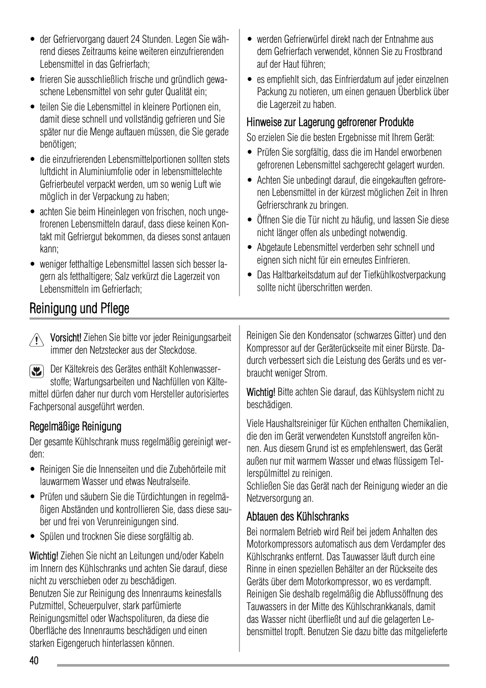 Reinigung und pflege | Zanussi ZBA17420SA User Manual | Page 40 / 48