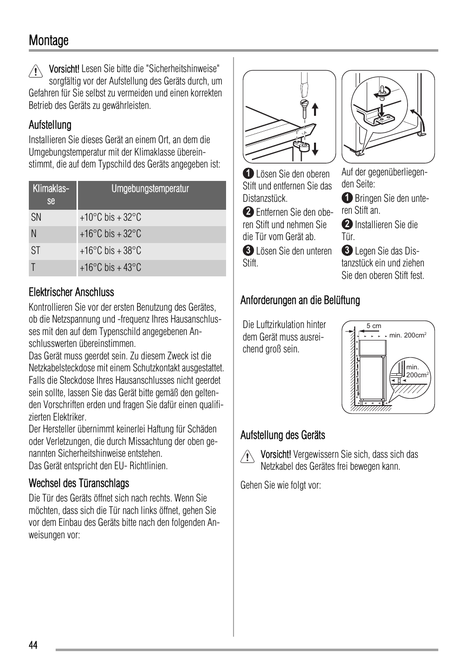 Montage | Zanussi ZBA17420SA User Manual | Page 44 / 48
