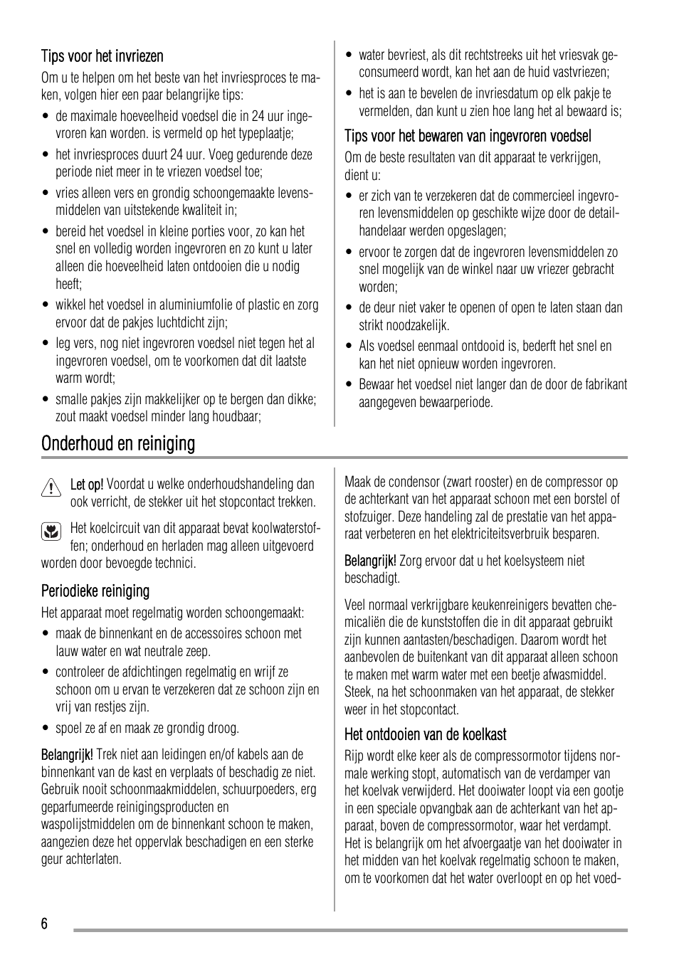 Onderhoud en reiniging | Zanussi ZBA17420SA User Manual | Page 6 / 48