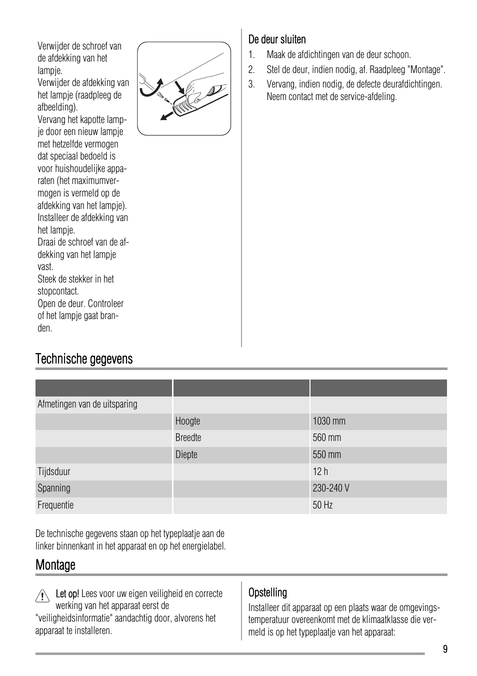 Technische gegevens, Montage | Zanussi ZBA17420SA User Manual | Page 9 / 48