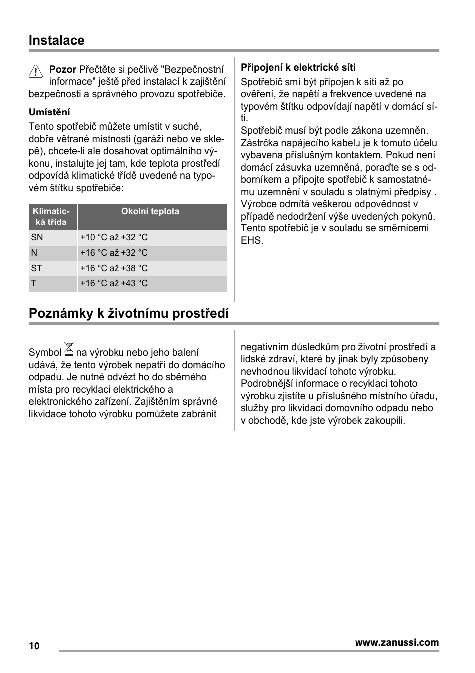 Instalace, Poznámky k životnímu prostředí | Zanussi ZBA14420SA User Manual | Page 10 / 72