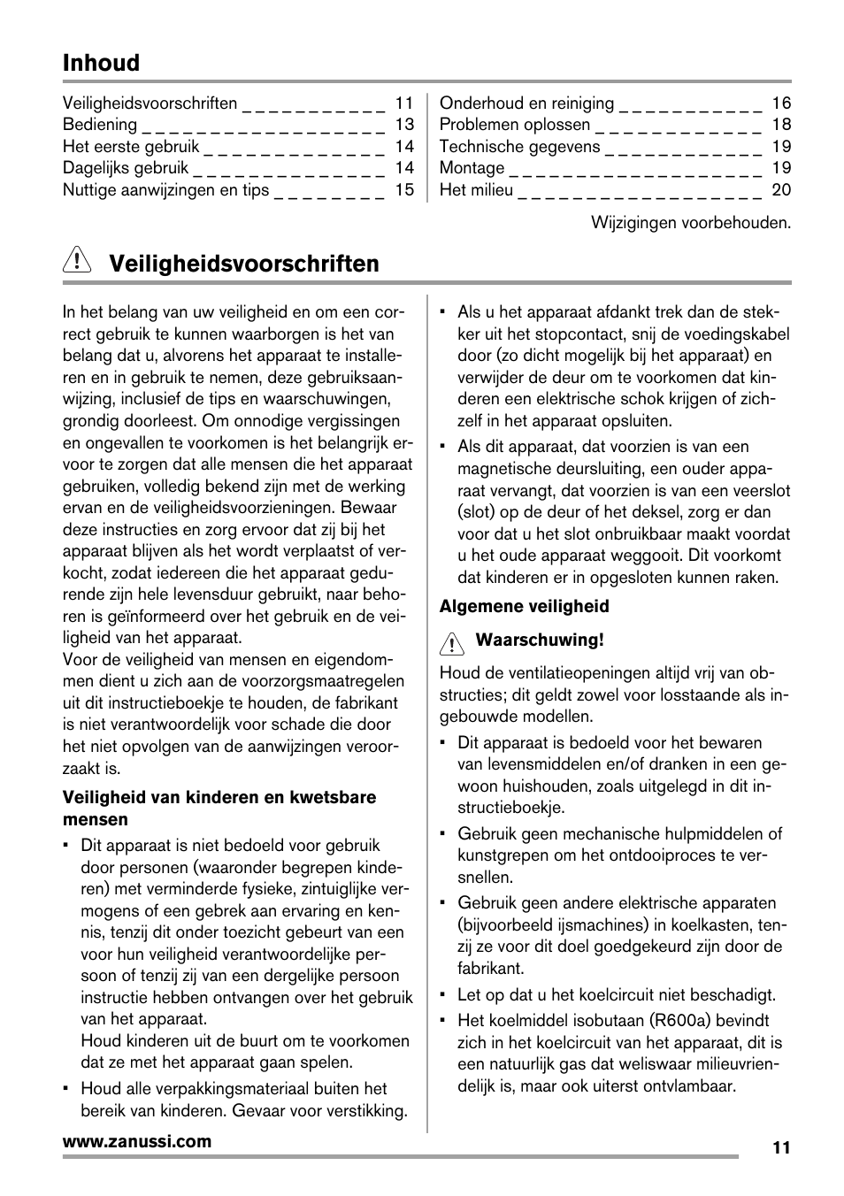 Inhoud, Veiligheidsvoorschriften | Zanussi ZBA14420SA User Manual | Page 11 / 72