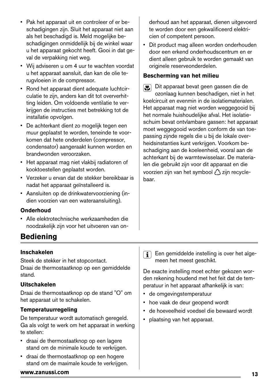 Bediening | Zanussi ZBA14420SA User Manual | Page 13 / 72