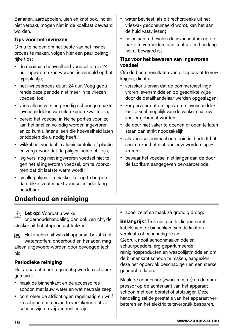 Onderhoud en reiniging | Zanussi ZBA14420SA User Manual | Page 16 / 72