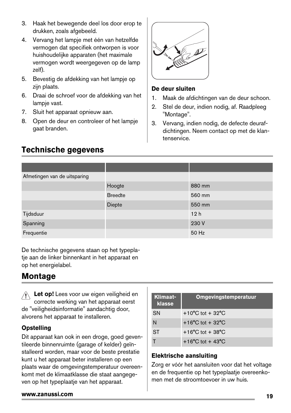 Technische gegevens, Montage | Zanussi ZBA14420SA User Manual | Page 19 / 72