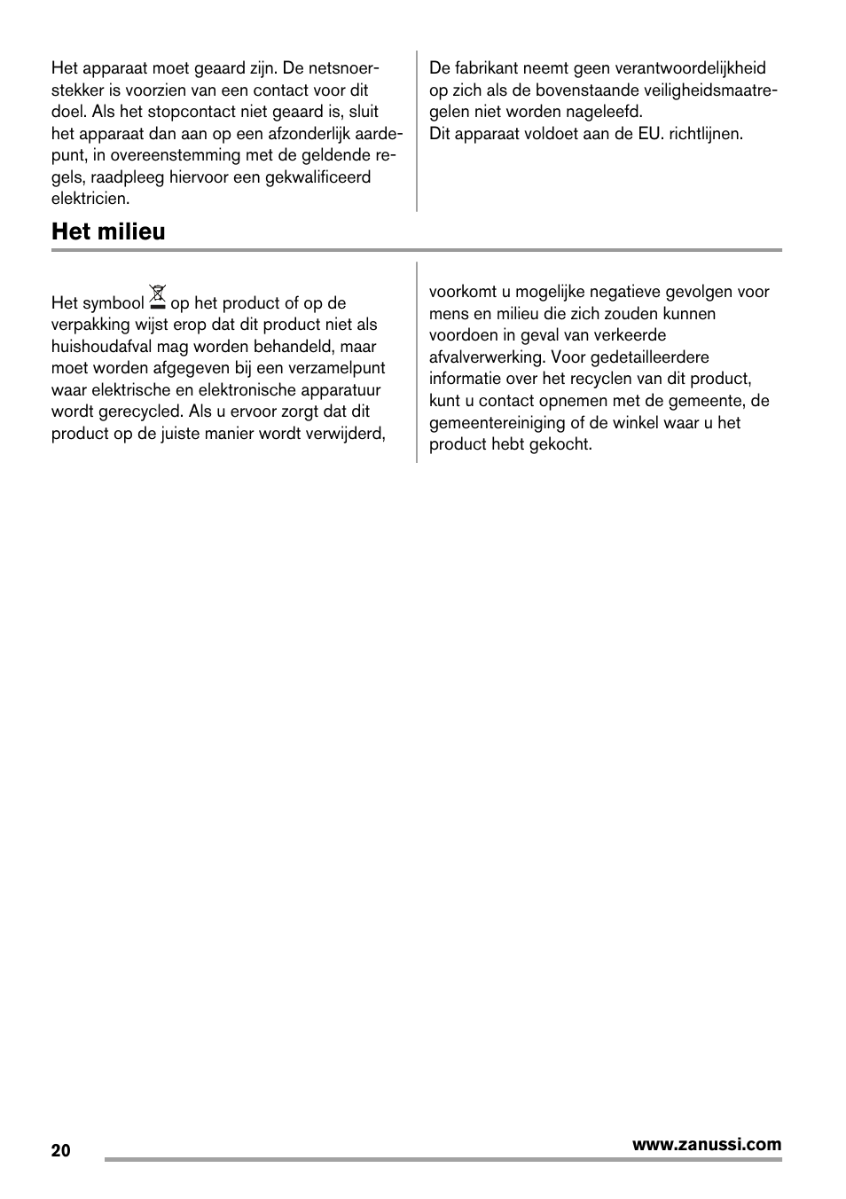 Het milieu | Zanussi ZBA14420SA User Manual | Page 20 / 72