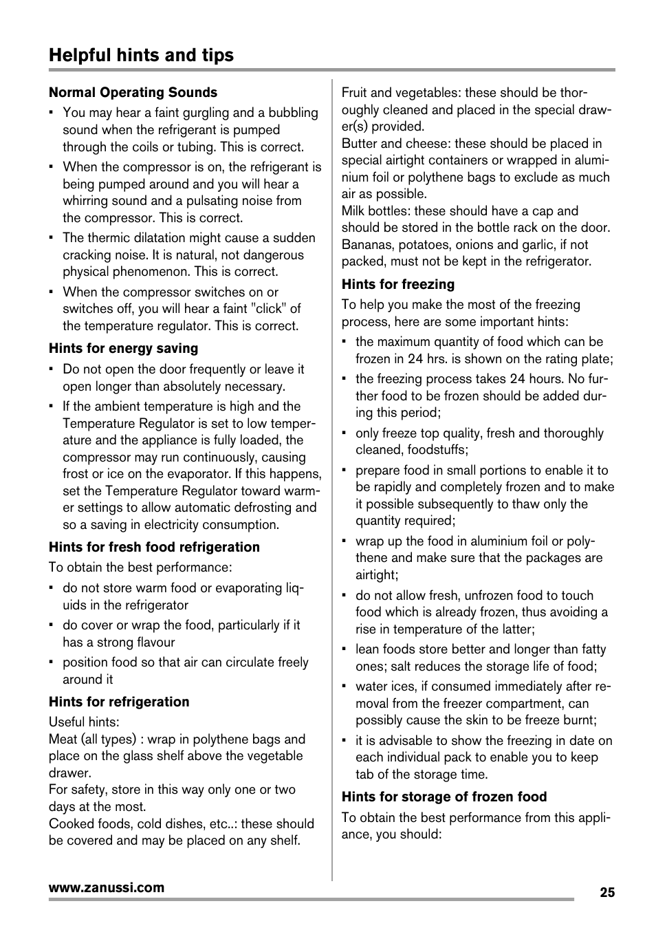Helpful hints and tips | Zanussi ZBA14420SA User Manual | Page 25 / 72