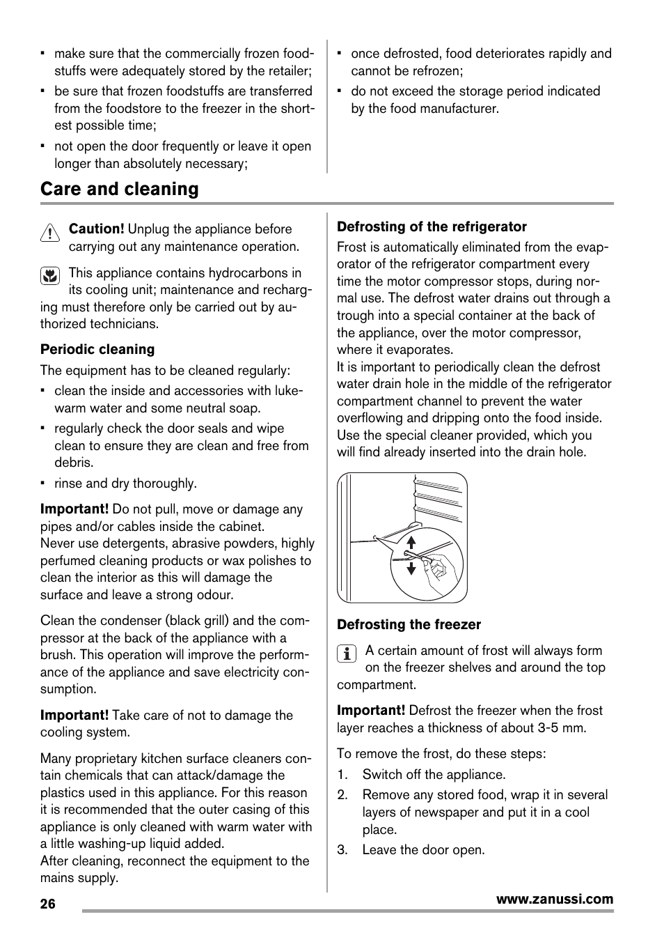 Care and cleaning | Zanussi ZBA14420SA User Manual | Page 26 / 72