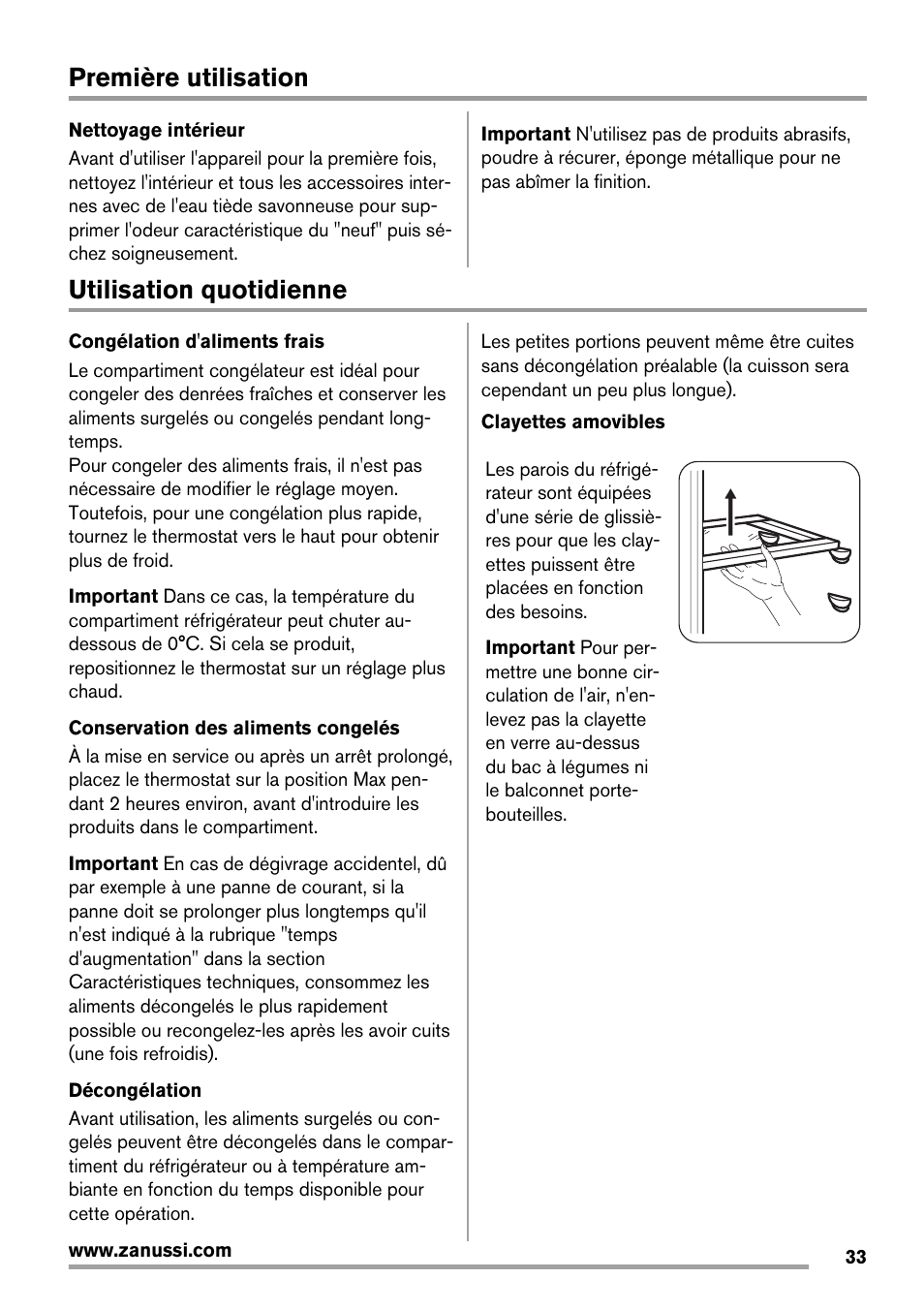 Première utilisation, Utilisation quotidienne | Zanussi ZBA14420SA User Manual | Page 33 / 72