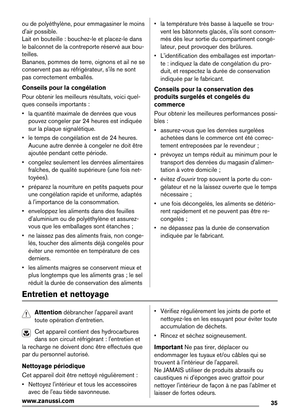 Entretien et nettoyage | Zanussi ZBA14420SA User Manual | Page 35 / 72