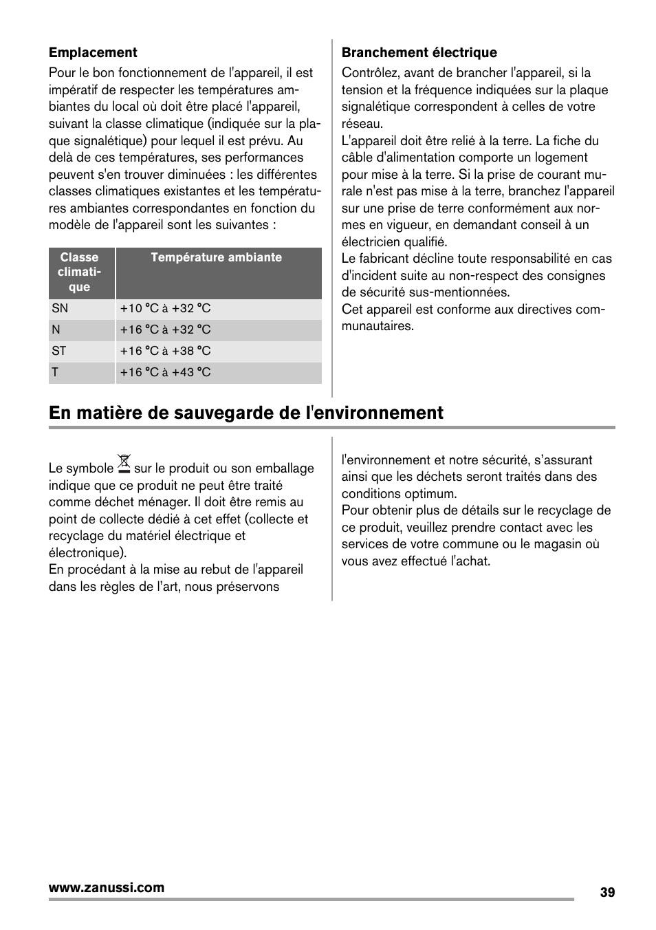 En matière de sauvegarde de l'environnement | Zanussi ZBA14420SA User Manual | Page 39 / 72