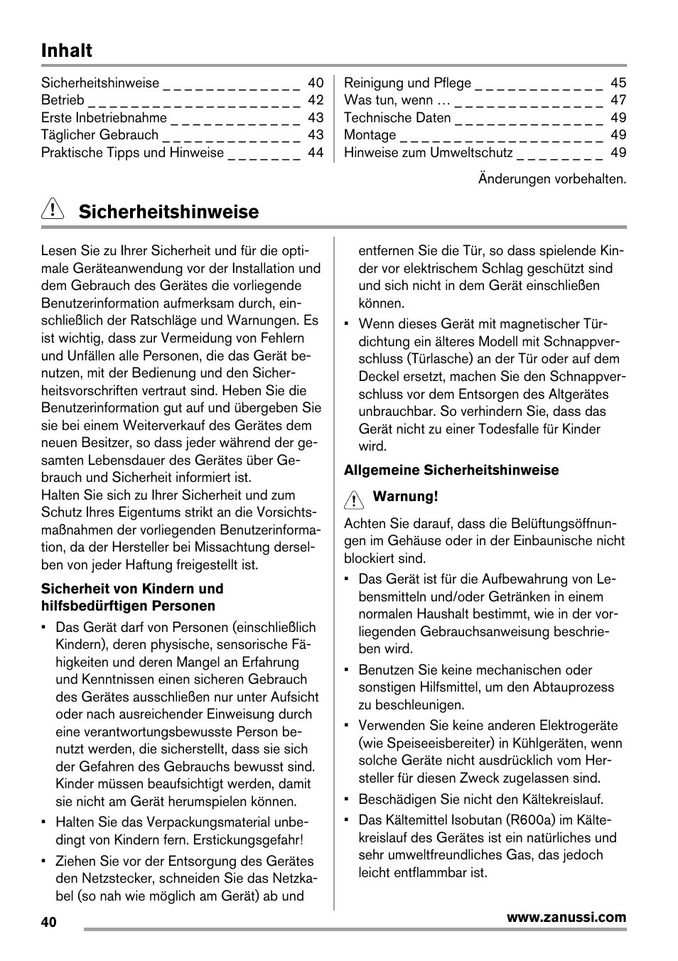Inhalt, Sicherheitshinweise | Zanussi ZBA14420SA User Manual | Page 40 / 72