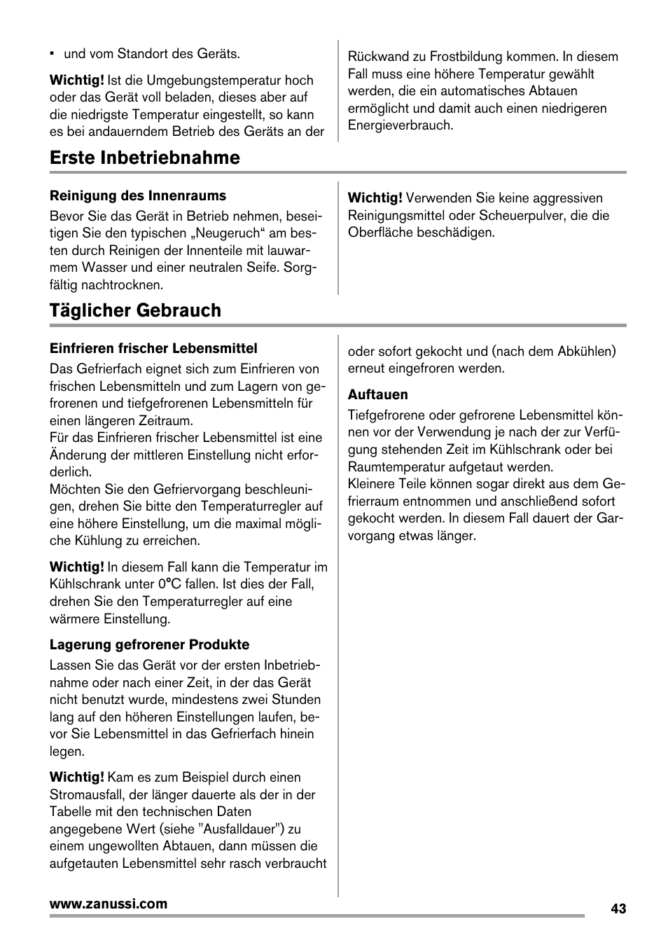 Erste inbetriebnahme, Täglicher gebrauch | Zanussi ZBA14420SA User Manual | Page 43 / 72