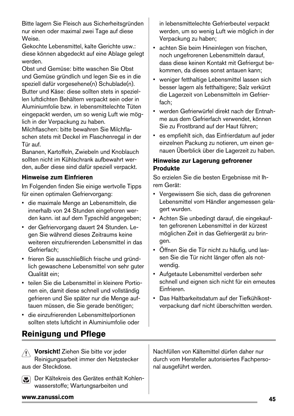 Reinigung und pflege | Zanussi ZBA14420SA User Manual | Page 45 / 72