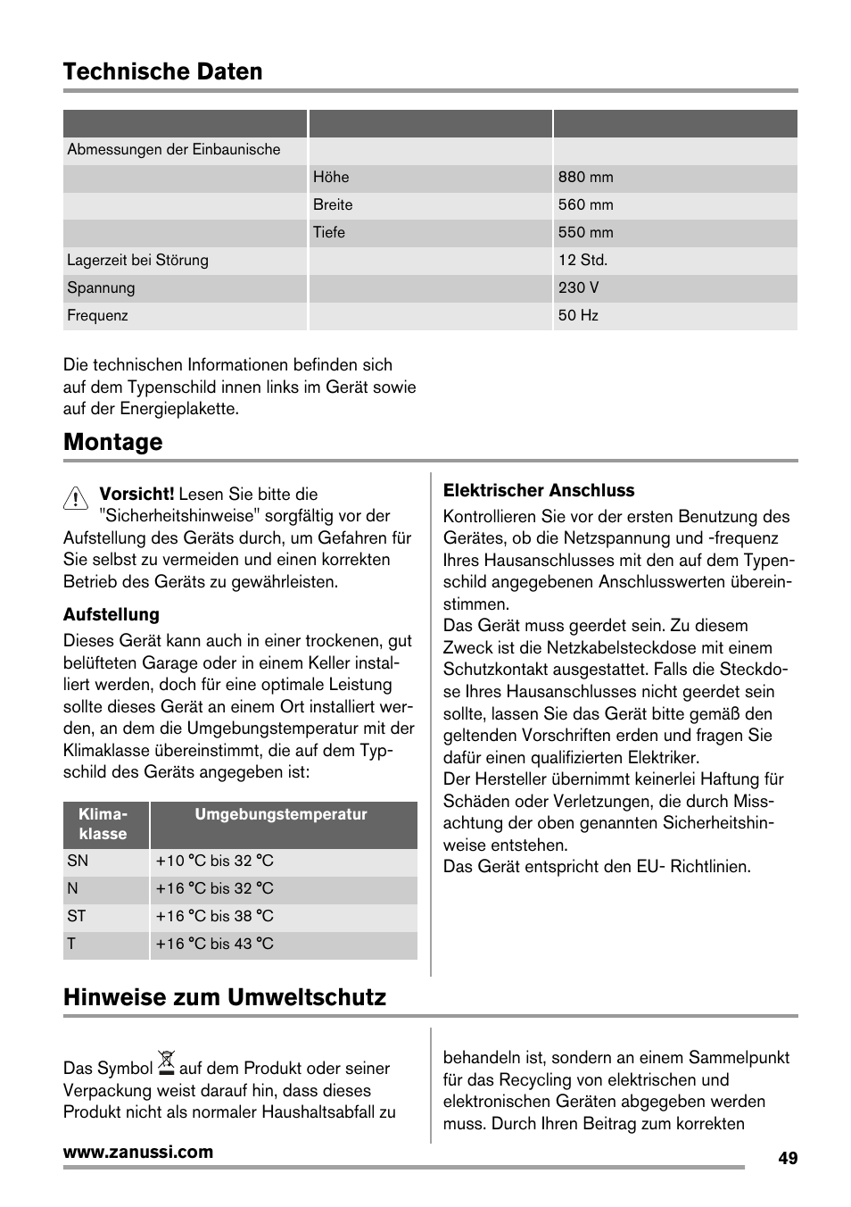 Technische daten, Montage, Hinweise zum umweltschutz | Zanussi ZBA14420SA User Manual | Page 49 / 72
