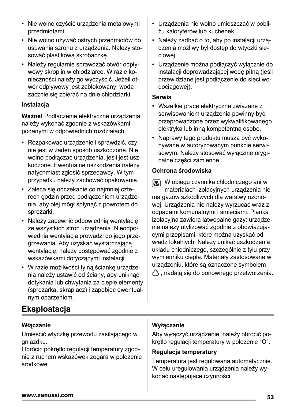 Eksploatacja | Zanussi ZBA14420SA User Manual | Page 53 / 72