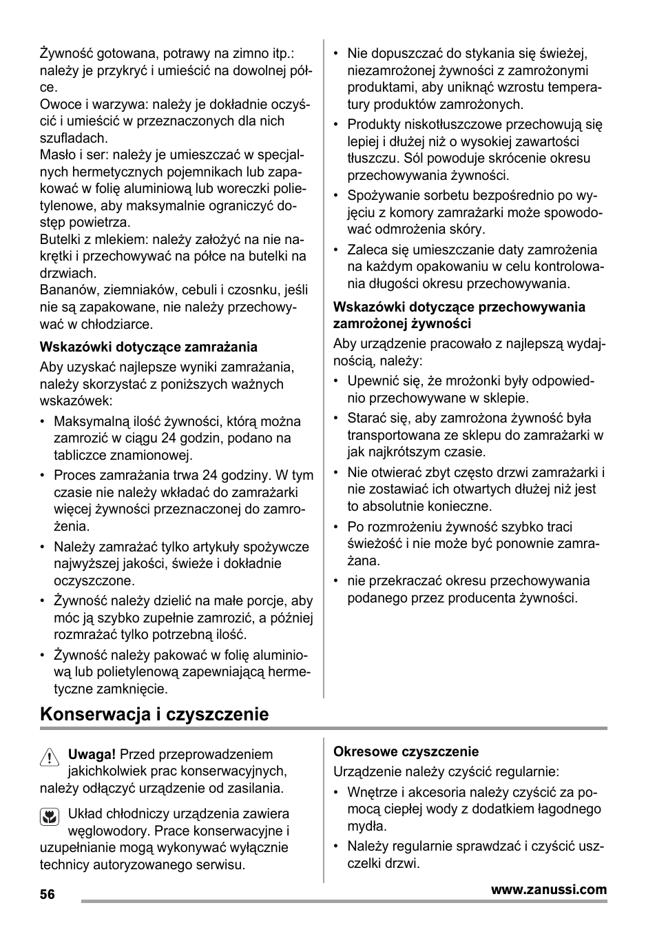 Konserwacja i czyszczenie | Zanussi ZBA14420SA User Manual | Page 56 / 72