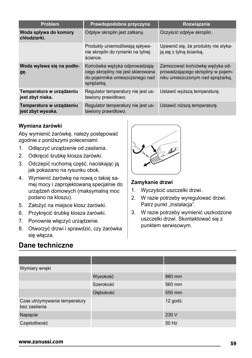 Dane techniczne | Zanussi ZBA14420SA User Manual | Page 59 / 72