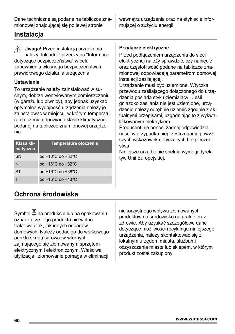Instalacja, Ochrona środowiska | Zanussi ZBA14420SA User Manual | Page 60 / 72