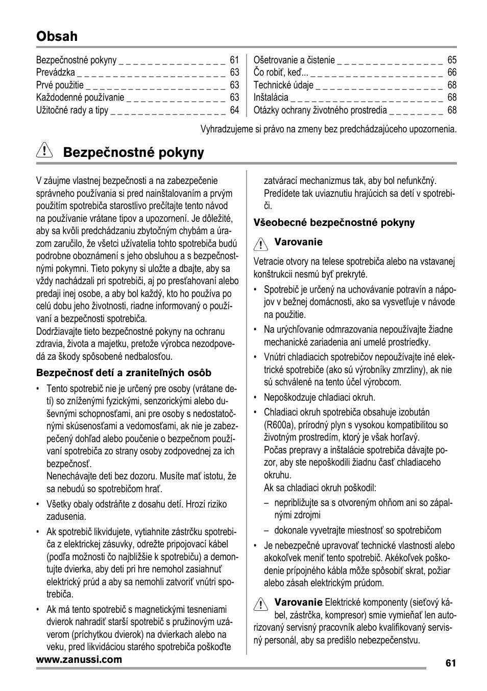 Zanussi ZBA14420SA User Manual | Page 61 / 72