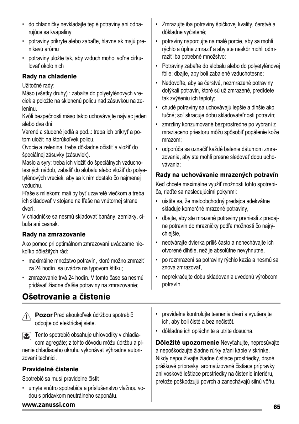 Ošetrovanie a čistenie | Zanussi ZBA14420SA User Manual | Page 65 / 72