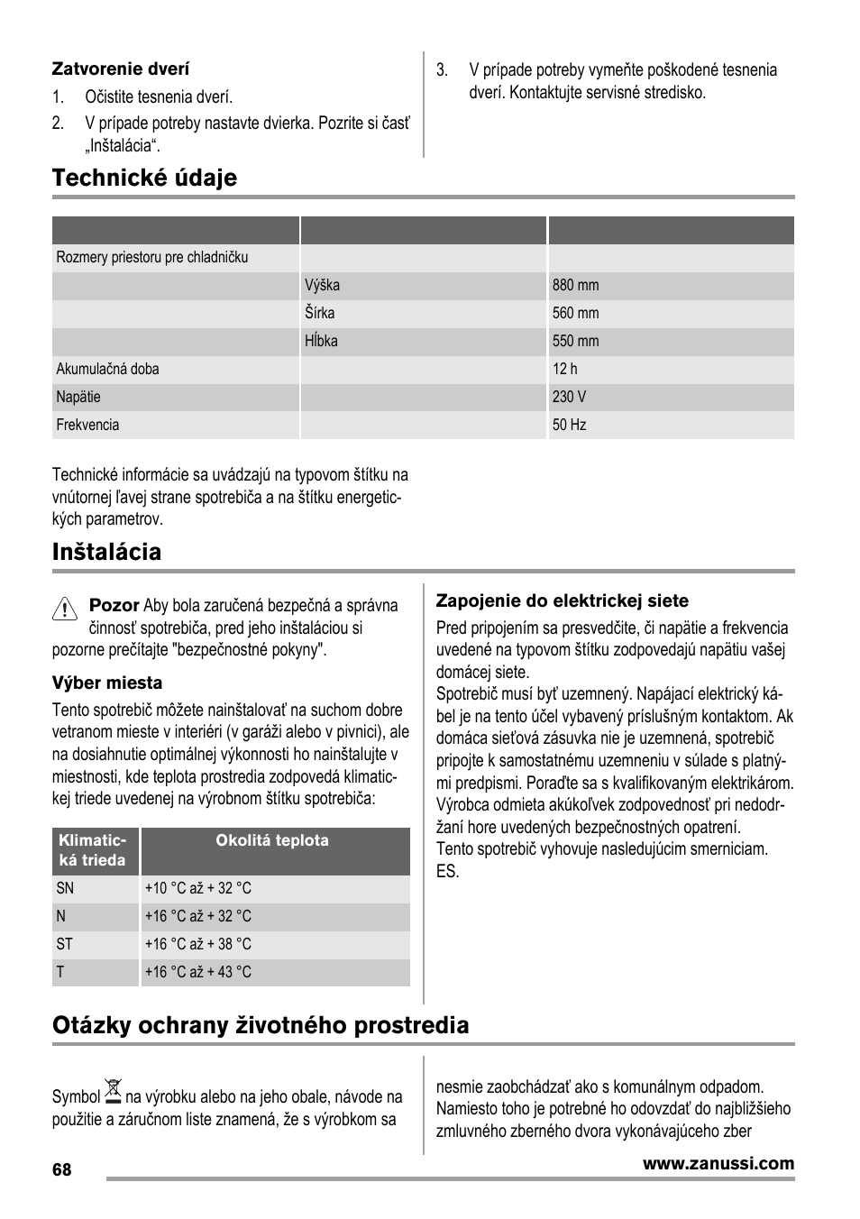 Technické údaje, Inštalácia, Otázky ochrany životného prostredia | Zanussi ZBA14420SA User Manual | Page 68 / 72