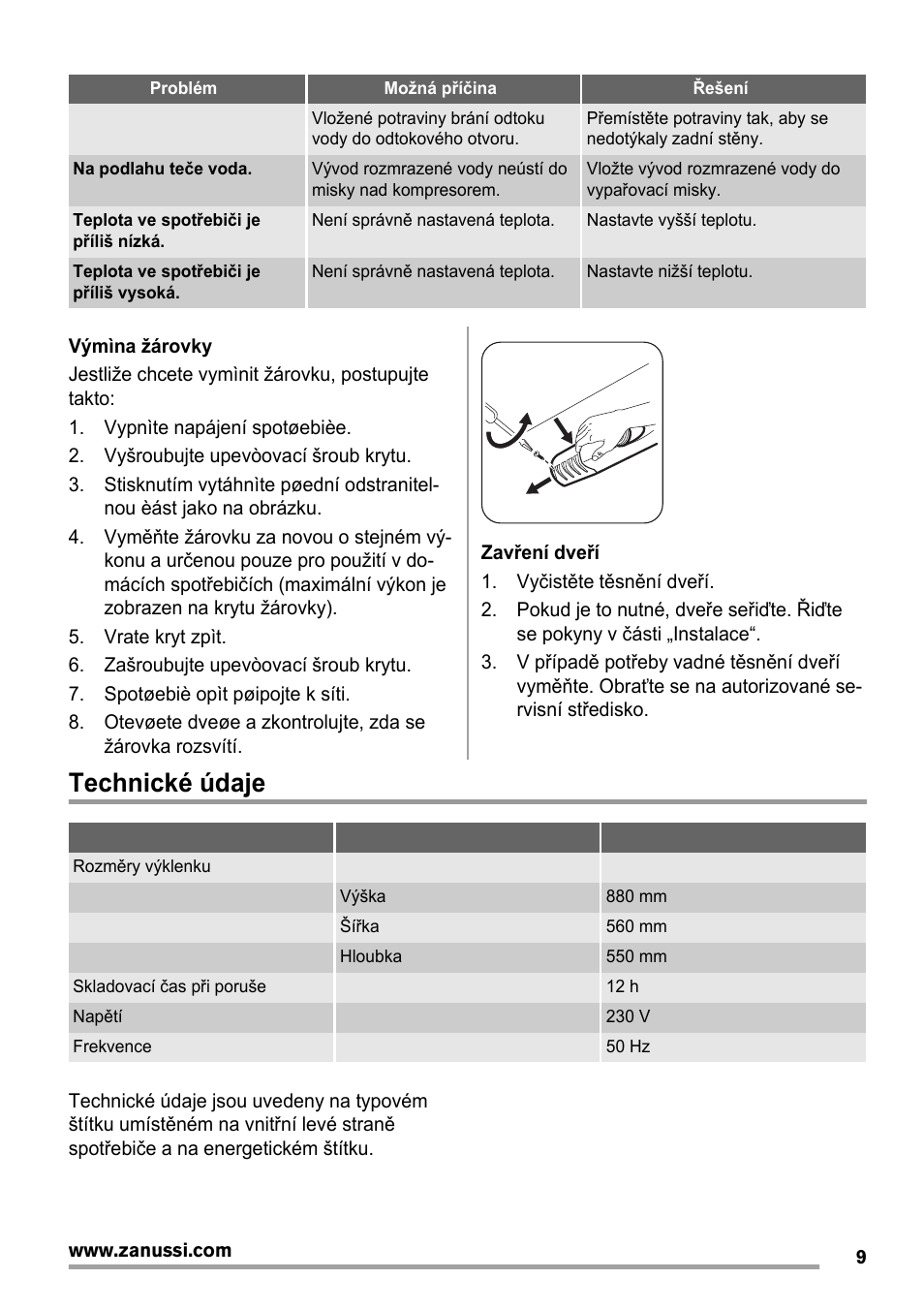Technické údaje | Zanussi ZBA14420SA User Manual | Page 9 / 72