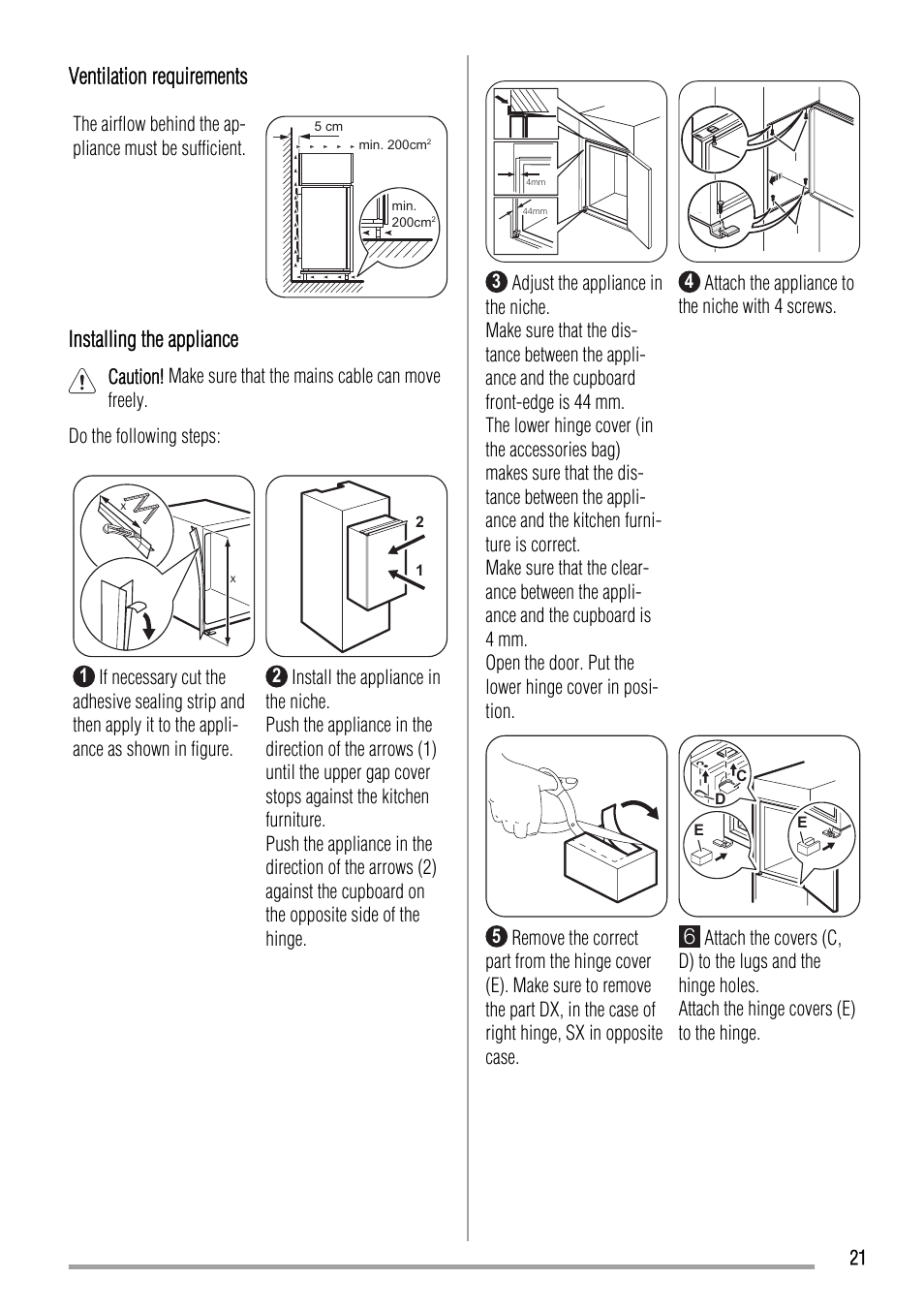 Ventilation requirements, Installing the appliance | Zanussi ZBA22420SA User Manual | Page 21 / 48