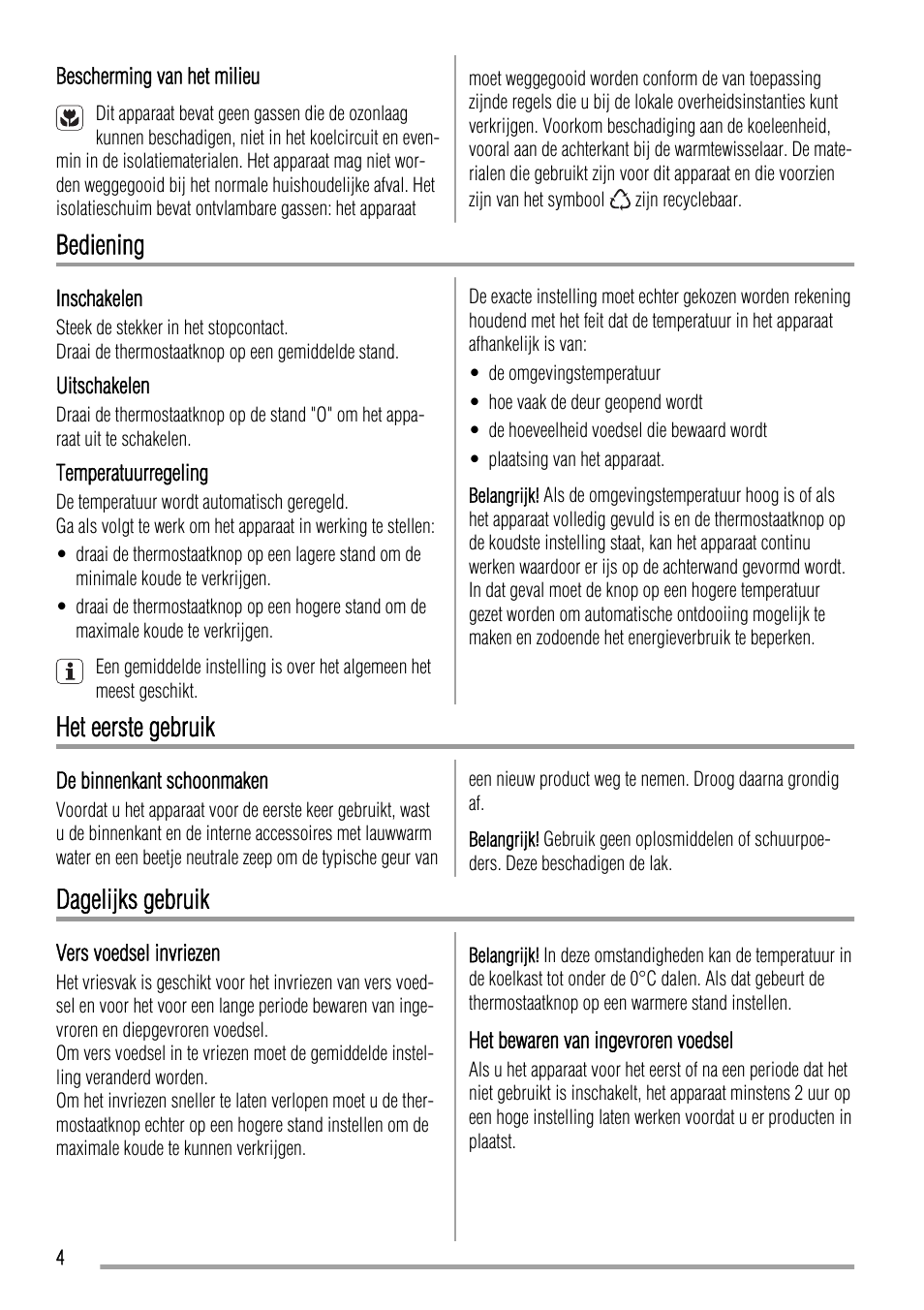 Bediening, Het eerste gebruik, Dagelijks gebruik | Zanussi ZBA22420SA User Manual | Page 4 / 48