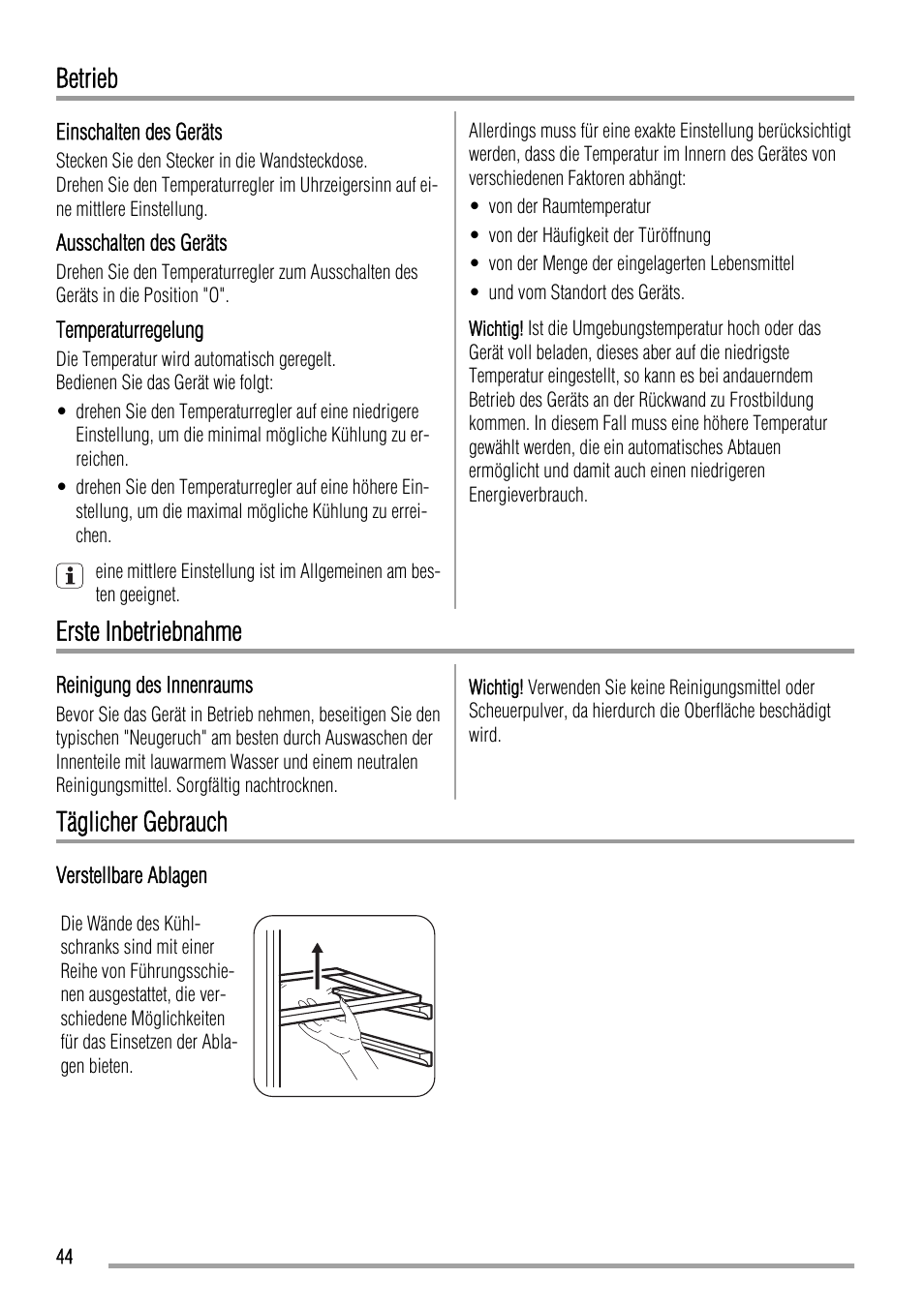 Betrieb, Erste inbetriebnahme, Täglicher gebrauch | Zanussi ZBA23020SA User Manual | Page 44 / 64