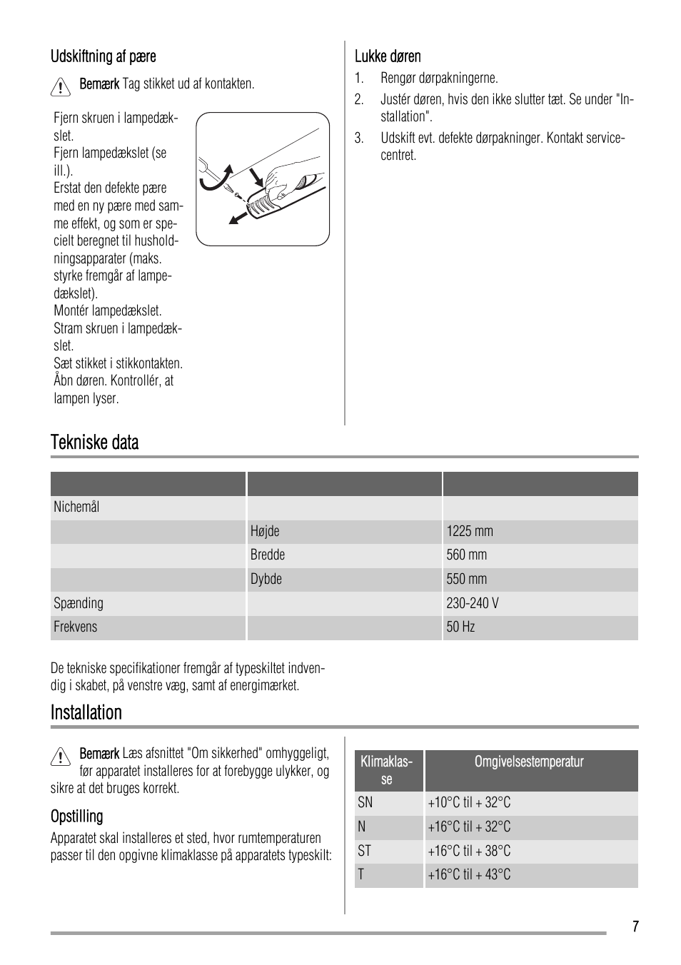 Tekniske data, Installation | Zanussi ZBA23020SA User Manual | Page 7 / 64