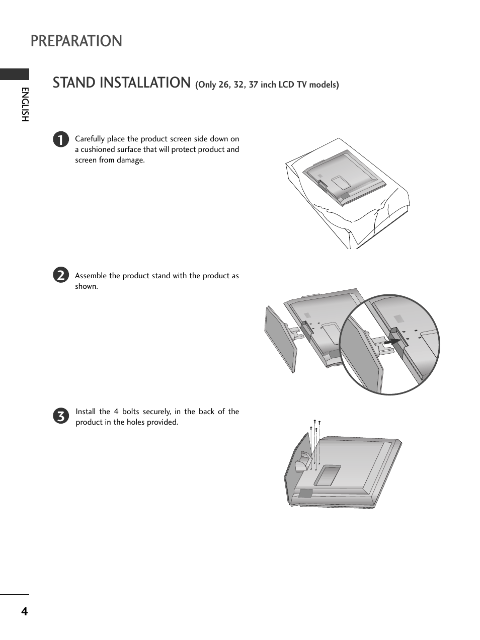 Preparation, Stand installation | LG 50PC51 User Manual | Page 10 / 448