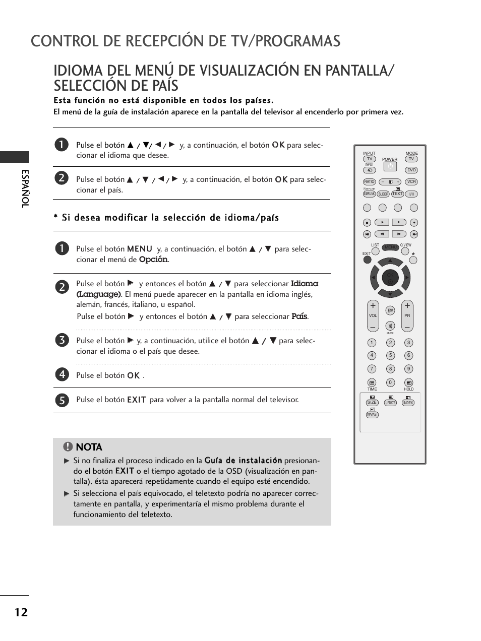 Control de recepción de tv/programas, Nota, Esp añol | LG 50PC51 User Manual | Page 100 / 448