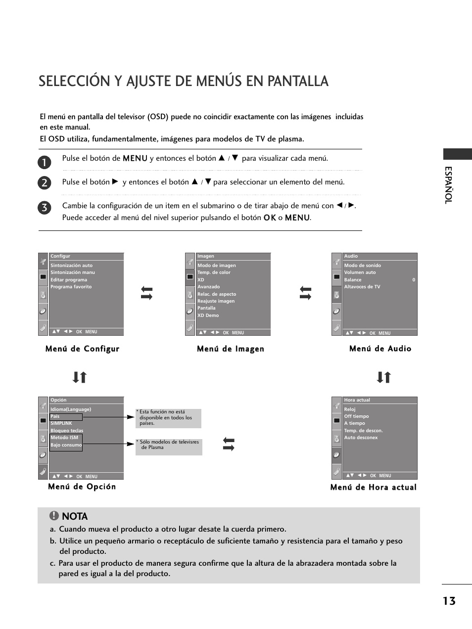 Selección y ajuste de menús en pantalla, Nota, Esp añol | LG 50PC51 User Manual | Page 101 / 448