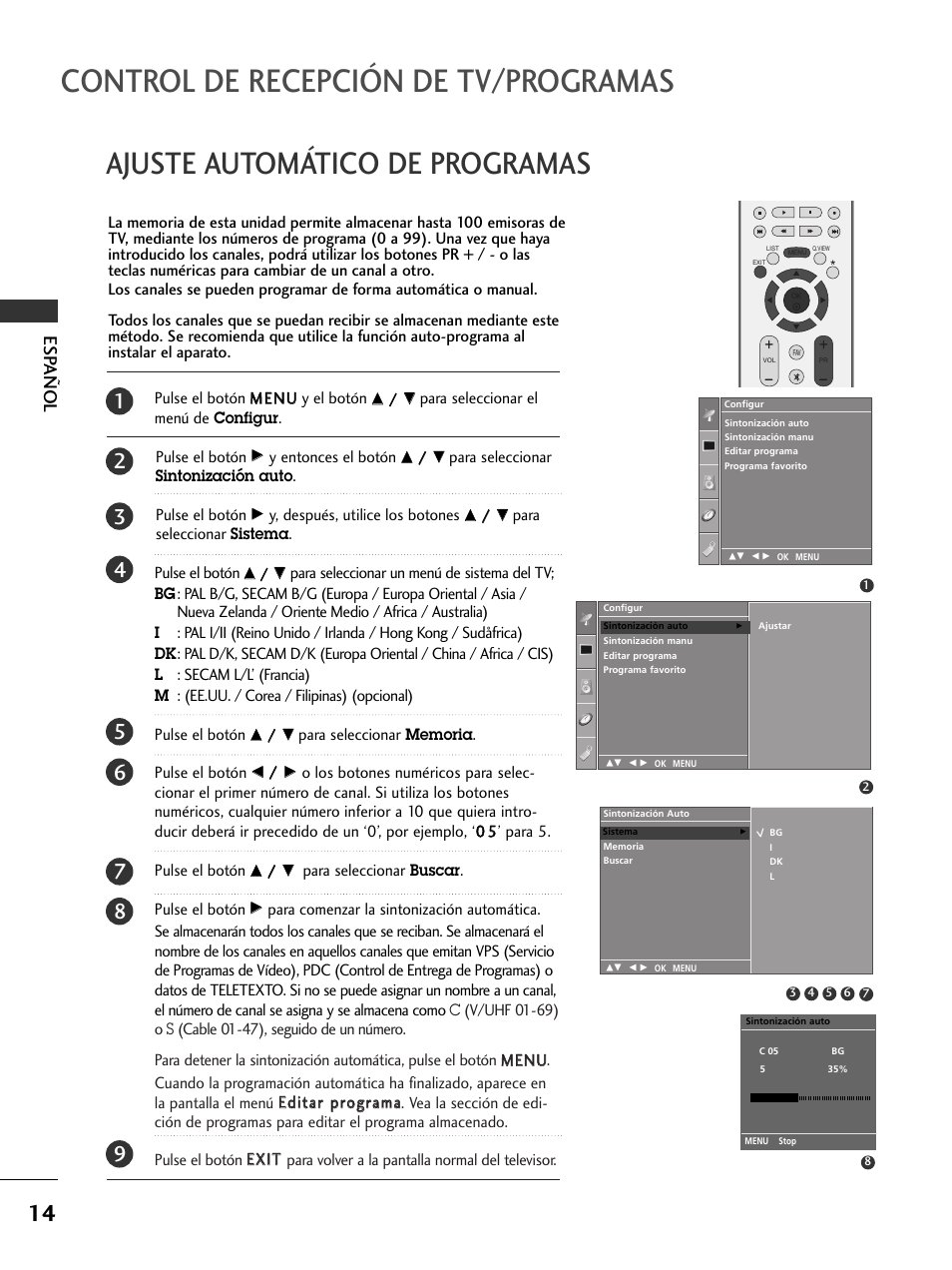 Control de recepción de tv/programas, Ajuste automático de programas, Esp añol | LG 50PC51 User Manual | Page 102 / 448