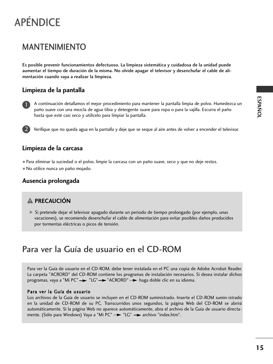 Apéndice, Limpieza de la pantalla, Limpieza de la carcasa | Ausencia prolongada | LG 50PC51 User Manual | Page 103 / 448