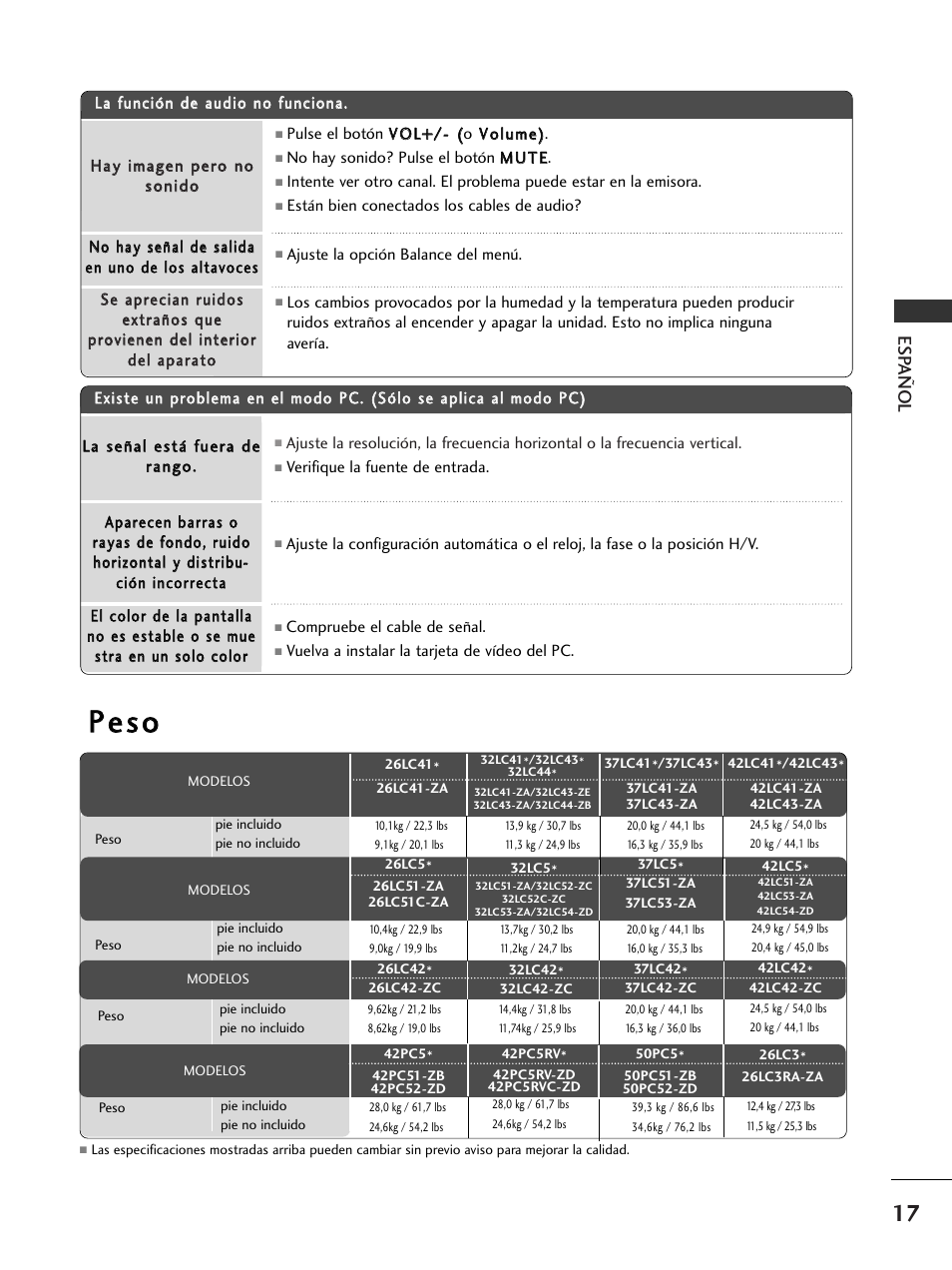 Pp ee ss o o, Esp añol | LG 50PC51 User Manual | Page 105 / 448