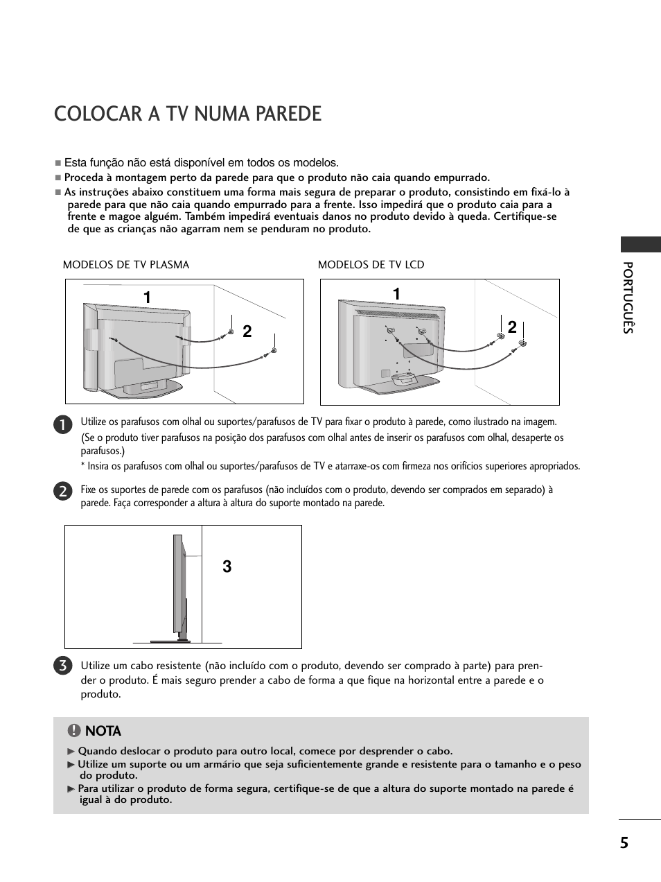 Colocar a tv numa parede, Nota | LG 50PC51 User Manual | Page 113 / 448
