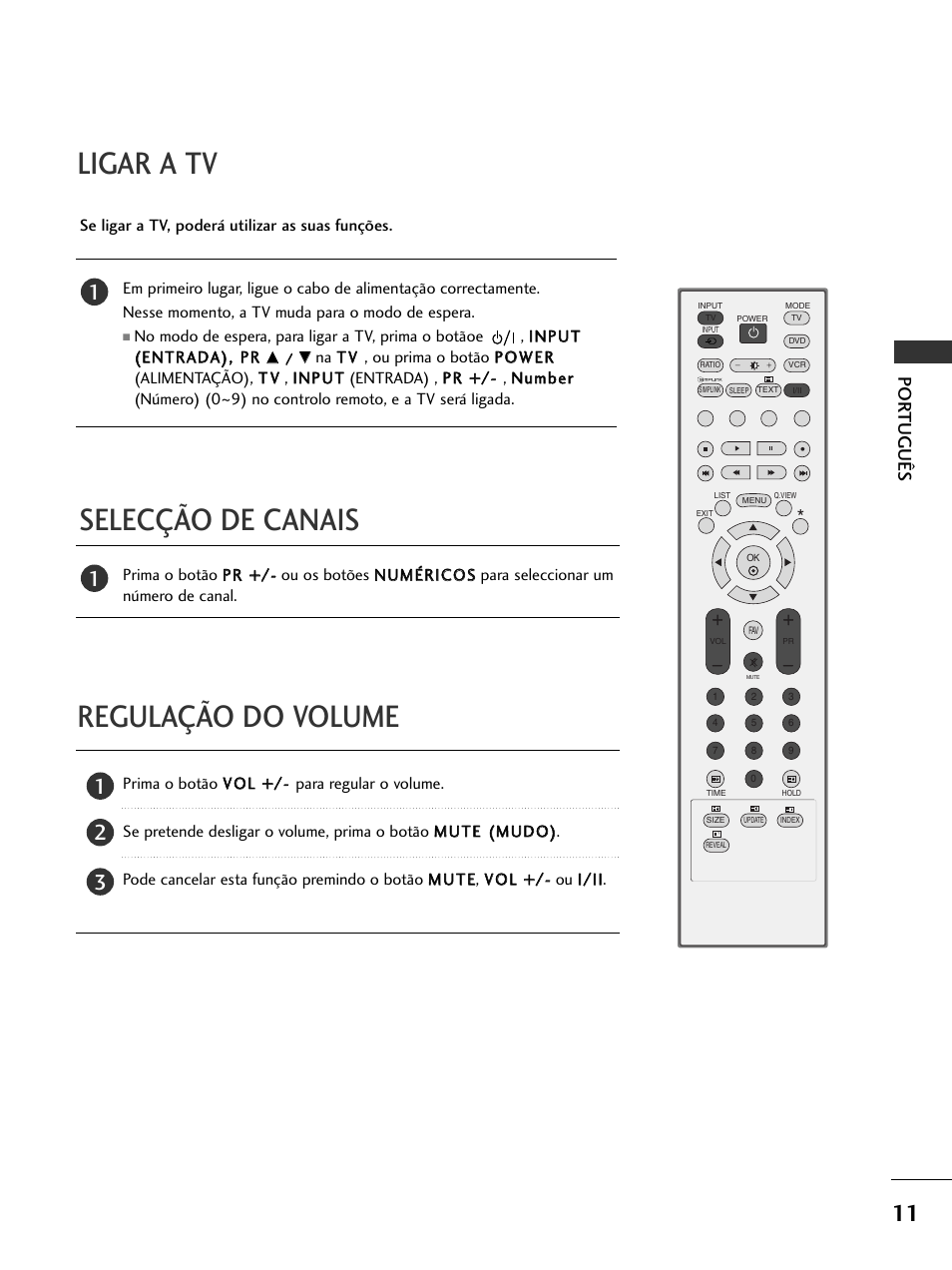 Selecção de canais ligar a tv, Regulação do volume, Por tuguês | LG 50PC51 User Manual | Page 119 / 448