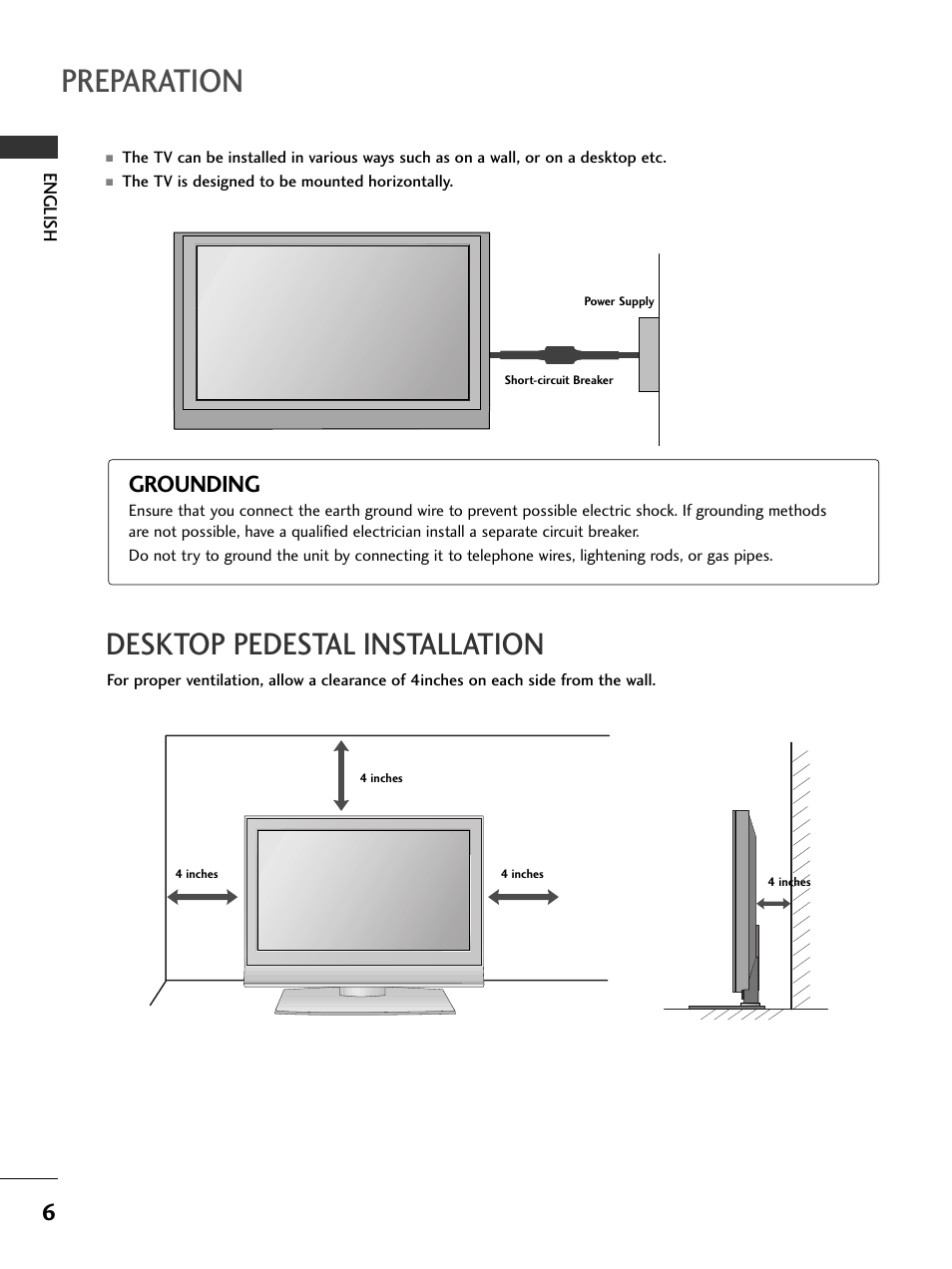 Preparation, Desktop pedestal installation, Grounding | LG 50PC51 User Manual | Page 12 / 448