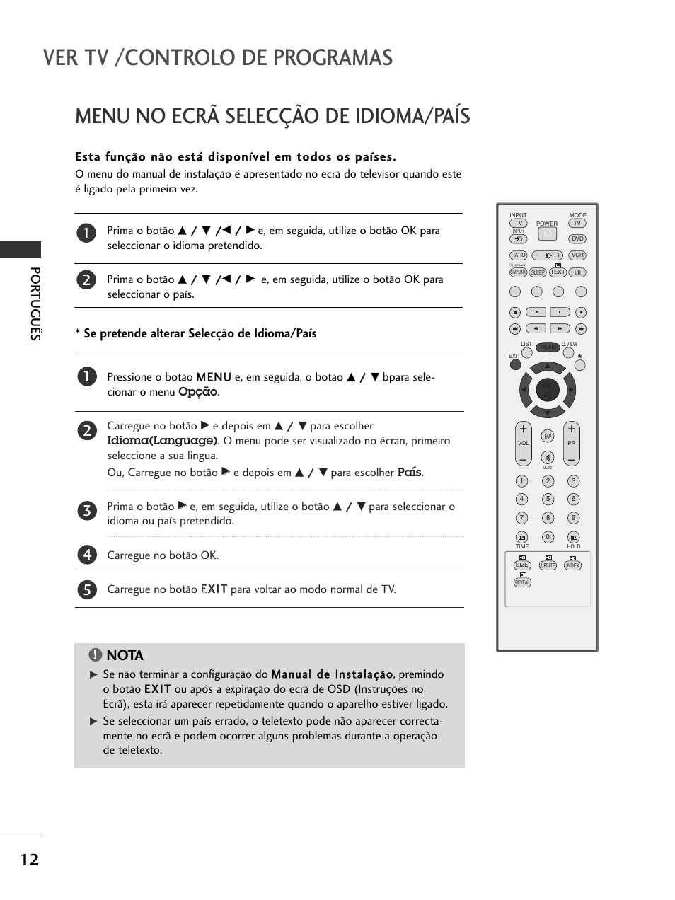 Ver tv /controlo de programas, Menu no ecrã selecção de idioma/país, Nota | Se pretende alterar selecção de idioma/país, Por tuguês | LG 50PC51 User Manual | Page 120 / 448