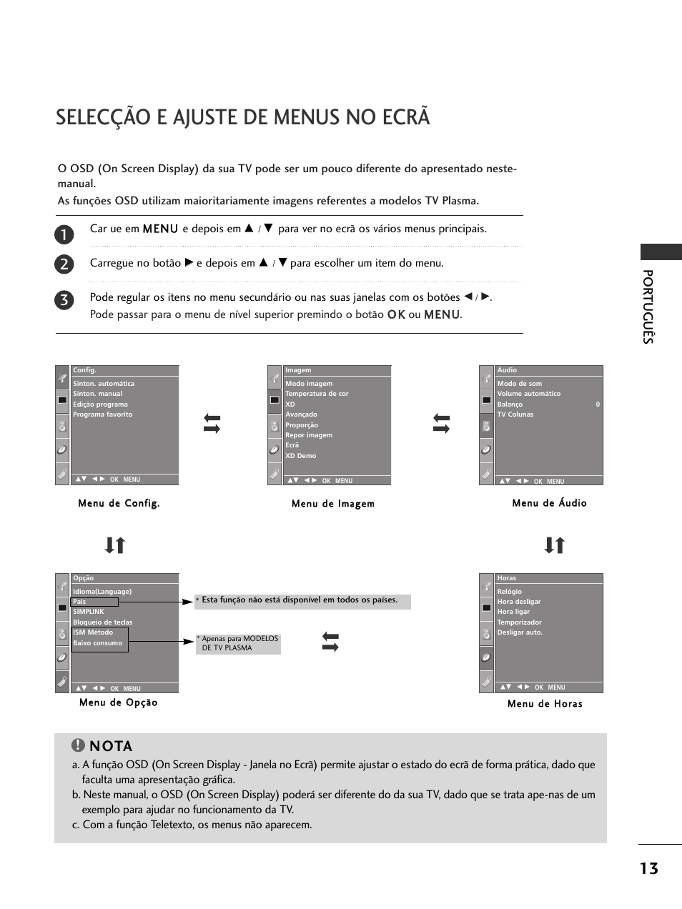 Selecção e ajuste de menus no ecrã, N ota, Por tuguês | LG 50PC51 User Manual | Page 121 / 448