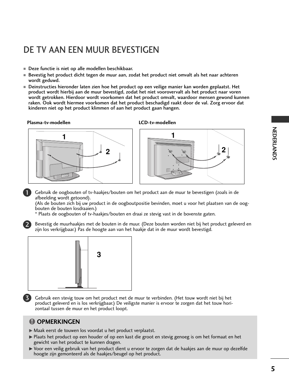 De tv aan een muur bevestigen, Opmerkingen | LG 50PC51 User Manual | Page 133 / 448