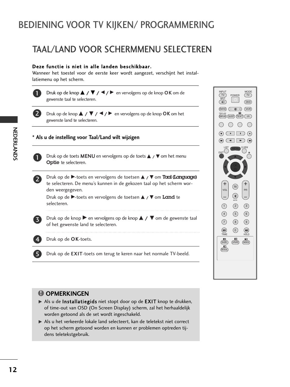 Bediening voor tv kijken/ programmering, Taal/land voor schermmenu selecteren, Opmerkingen | Als u de instelling voor taal/land wilt wijzigen, Nederlands | LG 50PC51 User Manual | Page 140 / 448