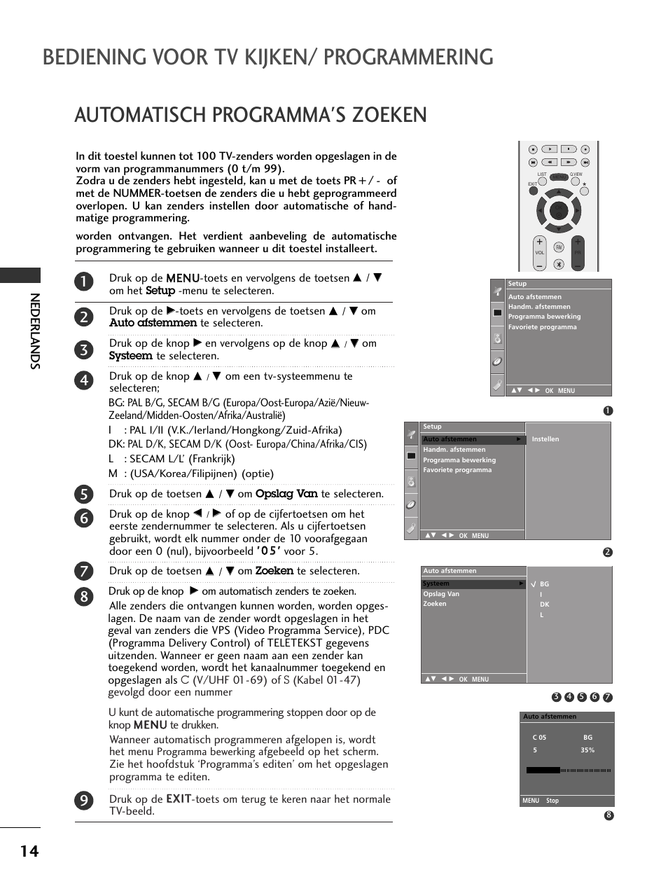 Bediening voor tv kijken/ programmering, Automatisch programma's zoeken, Nederlands | LG 50PC51 User Manual | Page 142 / 448