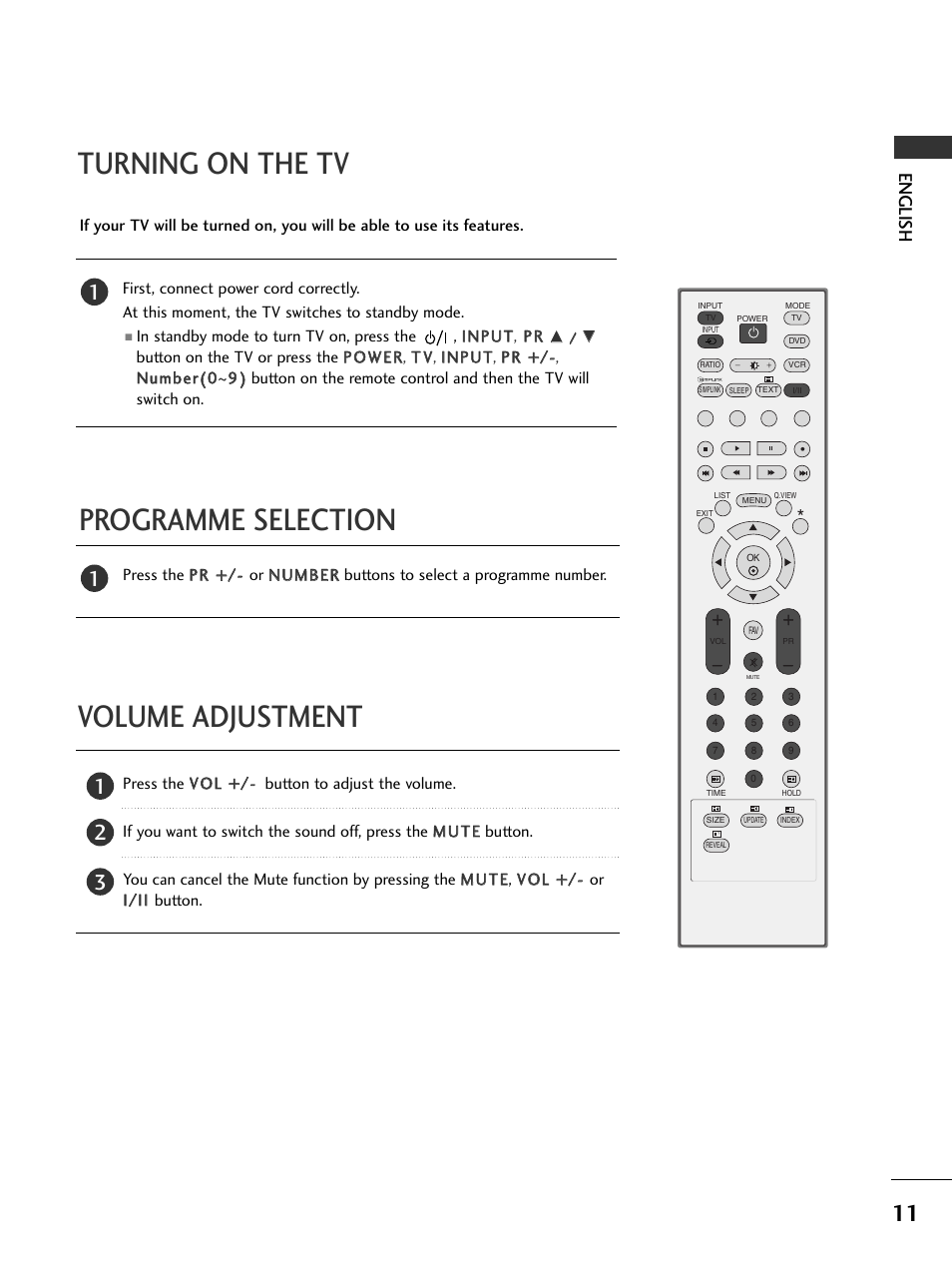 Programme selection turning on the tv, Volume adjustment, English | LG 50PC51 User Manual | Page 17 / 448