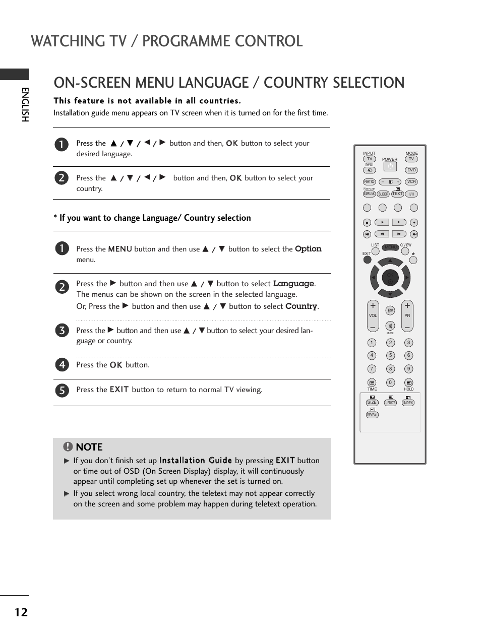 Watching tv / programme control, On-screen menu language / country selection, English | If you want to change language/ country selection | LG 50PC51 User Manual | Page 18 / 448