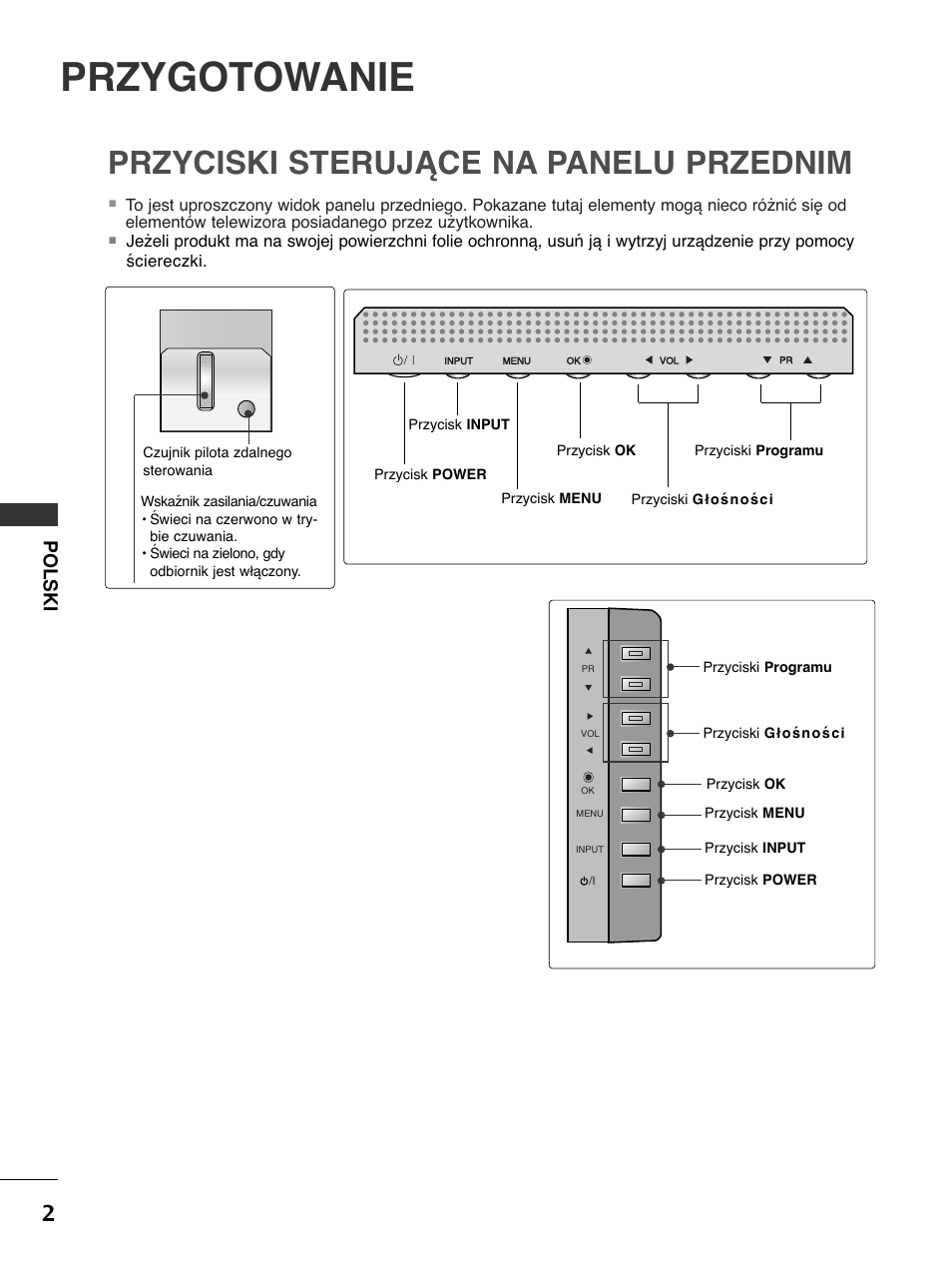 Przygotowanie, Przyciski sterujące na panelu przednim, Polski | LG 50PC51 User Manual | Page 190 / 448