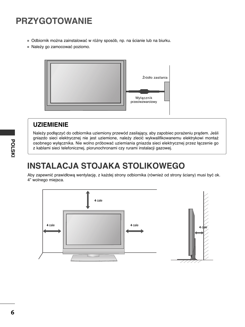 Przygotowanie, Instalacja stojaka stolikowego, Uziemienie | LG 50PC51 User Manual | Page 194 / 448