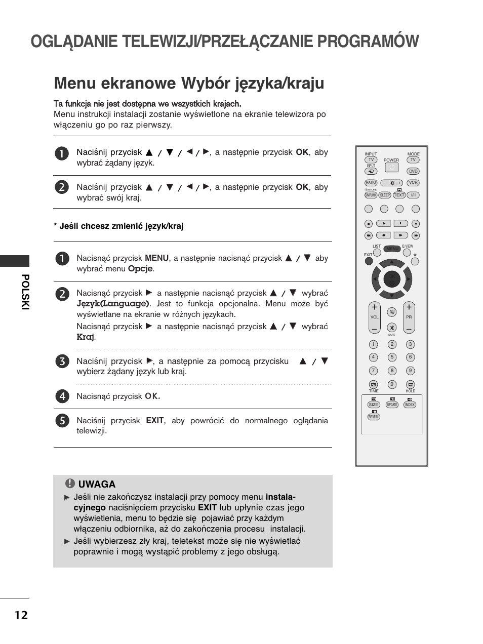 Oglądanie telewizji/przełączanie programów, Menu ekranowe wybór języka/kraju, Polski | Uwaga | LG 50PC51 User Manual | Page 200 / 448